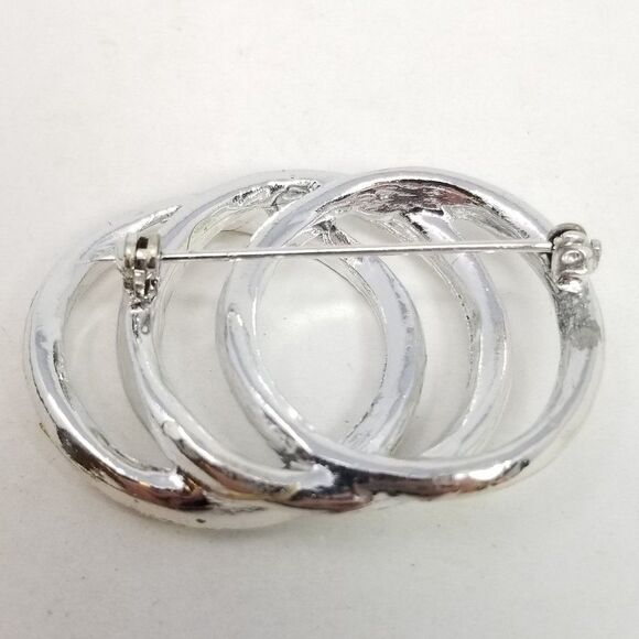 Vintage Triple Ring Silver Tone Rhinestone Brooch, Missing Stones, Estate - Picture 3 of 6